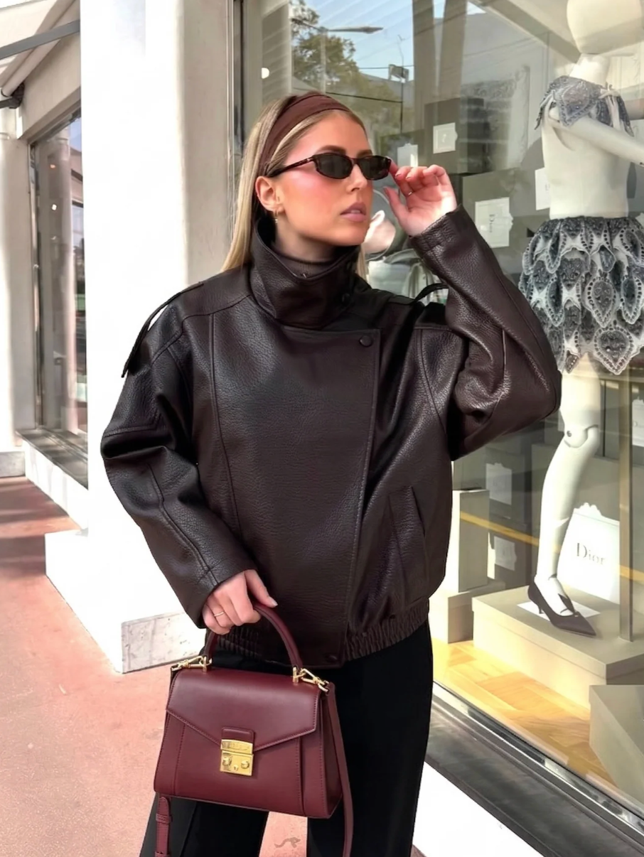 Veste oversize en simili cuir grainé à col montant