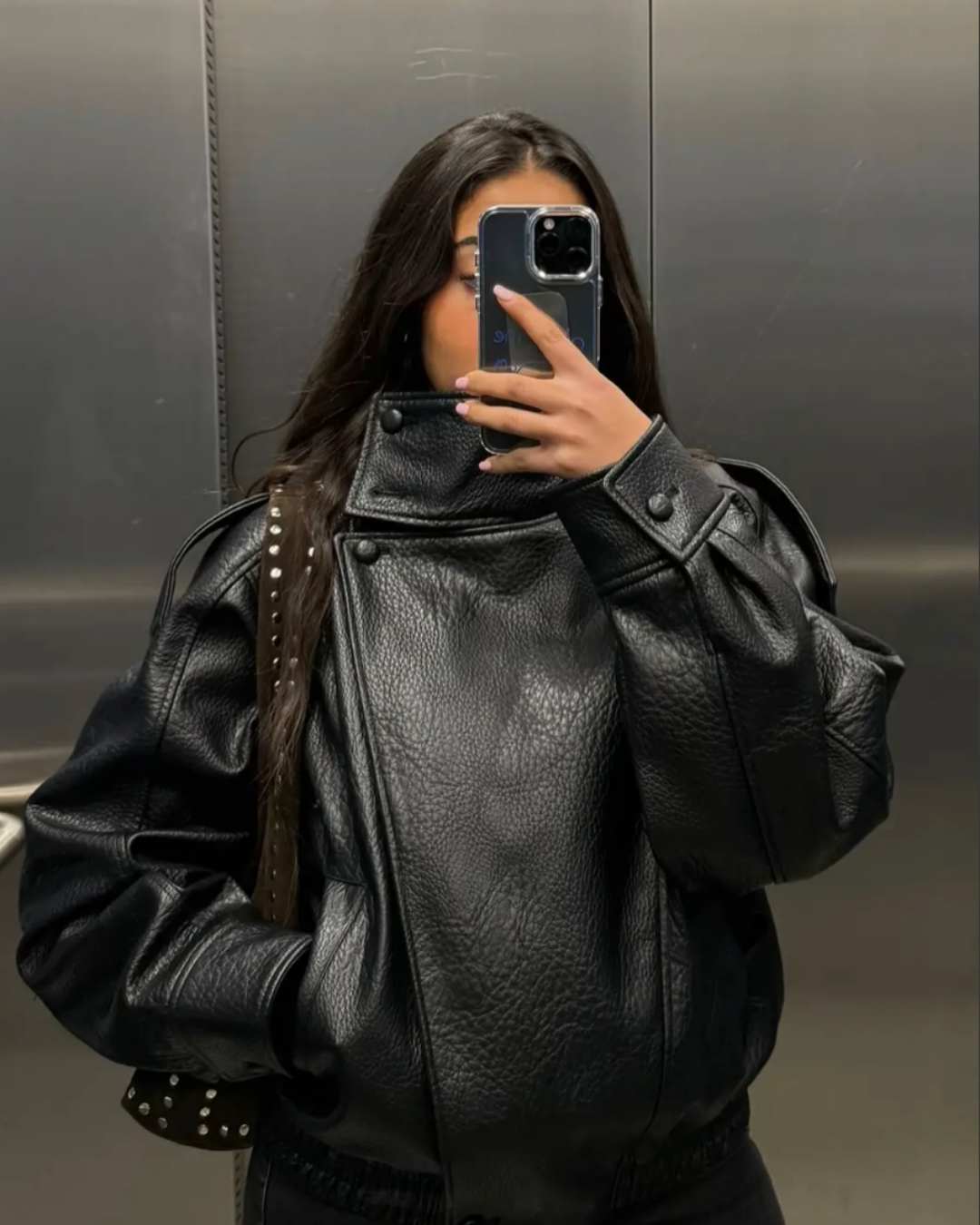Veste oversize en simili cuir grainé à col montant