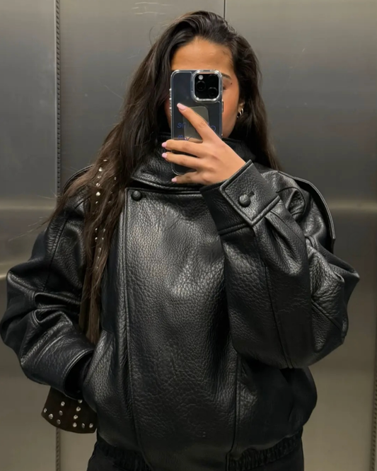 Veste oversize en simili cuir grainé à col montant
